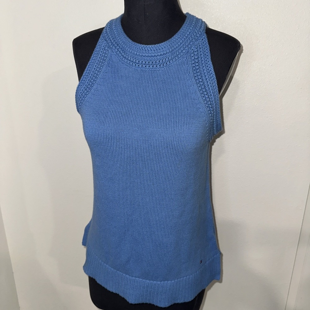 Tommy Hilfiger Womens Crochet Trim Sleeveless Blouse Size L Knit‎ Blue